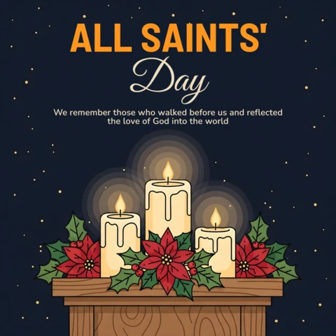 All Saints’ Day Spiritual Candle Display with Holly, Stars & Wooden Surface Template for Greeting Card Design