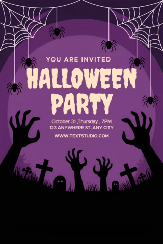 Plantilla de invitación para fiesta de Halloween espeluznante con manos espeluznantes y diseño de telaraña.