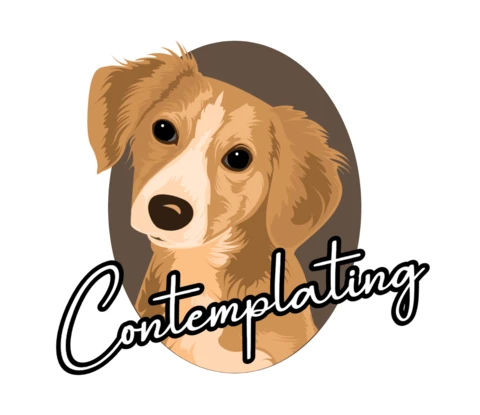 Ilustración de perro reflexivo, cachorro marrón 'contemplando' en plantilla de diseño de camiseta de arte minimalista para mascotas.