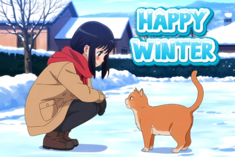 Kız ve kedi içeren kış temalı anime tasarım şablonu, tebrik kartları için.