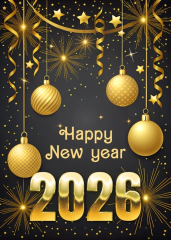 Elegant New Year 2026 Celebration Template with Gold Ornaments Design for Greeting Cards