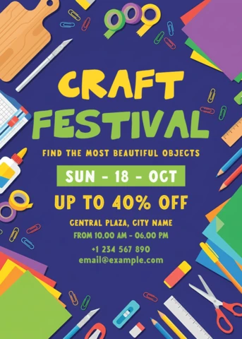 Modèle de flyer pour festival d'artisanat coloré avec fournitures artistiques créatives et éléments d'atelier fait main
