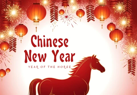 Sjabloon voor een feestelijke groetkaart met een Chinees nieuwjaar paard ontwerp