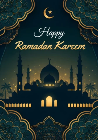 Elegancki szablon kartki z życzeniami Ramadan Kareem z motywem meczetu