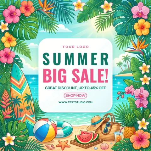 Summer Big Sale Promotional Banner with Tropical Beach and Vacation Elements
