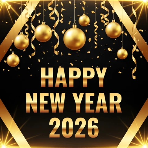Elegant New Year 2026 Celebration Template with Gold Ornaments Design for Greeting Cards