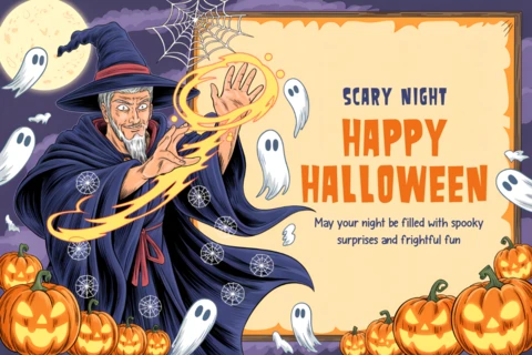 Template di design di Halloween spettrale con mago e fantasmi per biglietti di auguri festivi