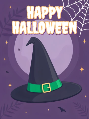 Design de chapéu de bruxa excêntrico roxo para cartazes de Halloween e modelo de cartões de saudação.