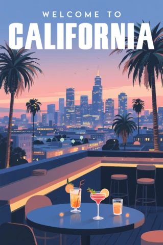 Californian Sunset On a Rooftop Retro Flat Design for Travel Posters