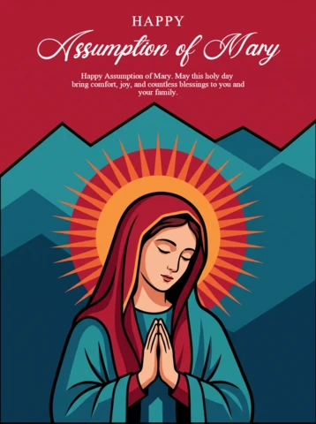 Feast of Assumption Sacred Poster Virgin Mary Halo Radiant Glow Red Sky Blue Mountains Spiritual Nostalgia Illustration Design Template