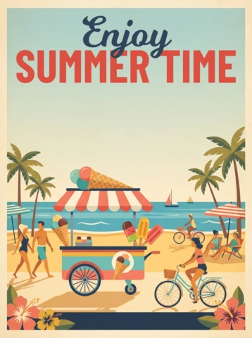 Cartel retro de verano con palmeras, carrito de helados, ciclista, veleros y vibras tropicales de vacaciones divertidas
