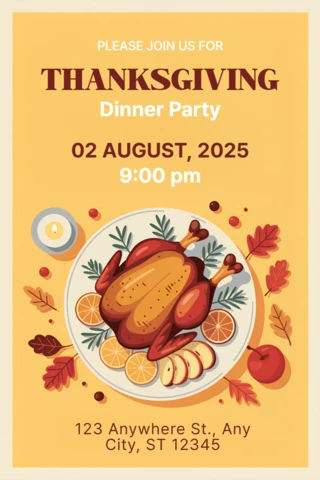 Thanksgiving Dinner Party Invitation Template with Festive Turkey Design