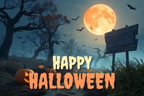 Diseño espeluznante de noche de Halloween con calabazas y luna para plantilla de volantes