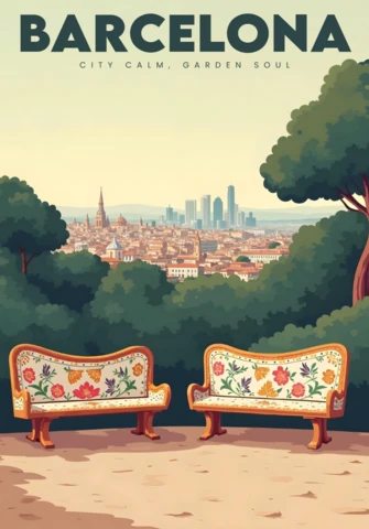 Garden View with Floral Benches and City Skyline Barcelona Travel Posters Design Template