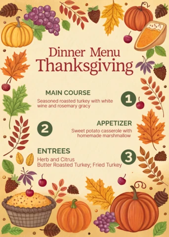 Modèle de menu pour le dîner de Thanksgiving avec un design de feuilles d'automne et de citrouilles pour des événements festifs