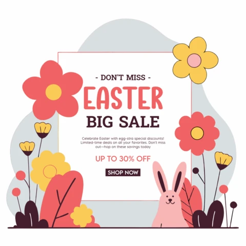 Plantilla de diseño de venta de Pascua con ilustración floral y conejito