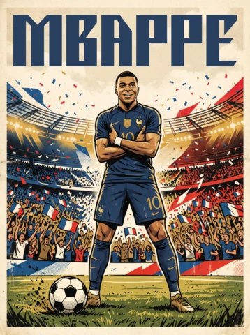Plakat piłkarski w stylu retro Kylian Mbappé – nostalgiczna francuska ilustracja piłkarska stojąca z piłką, świętowanie z konfetti i atmosfera starej szkoły stadionu