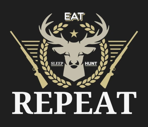 Plantilla de diseño vintage con temática de caza: eat sleep hunt repeat