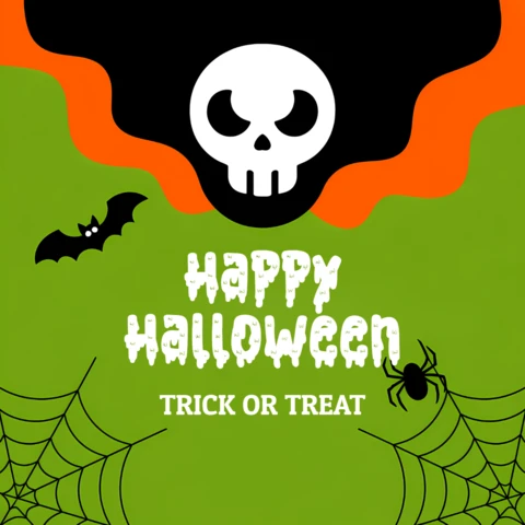 Plantilla de diseño espeluznante de Halloween con calaveras, murciélagos y arañas para invitaciones a fiestas.