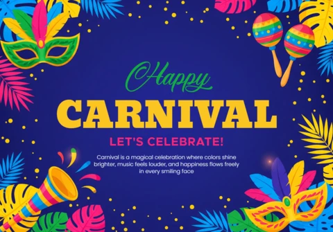 Carnival Celebration Poster Dark Blue Background with Colorful Confetti, Feathers, Masks, Maracas & Trumpet