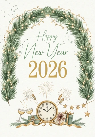 Karta akwarelowa z życzeniami na Nowy Rok 2026, łuk z sosnowych gałęzi z lampkami, fajerwerkami i toastem szampanowym