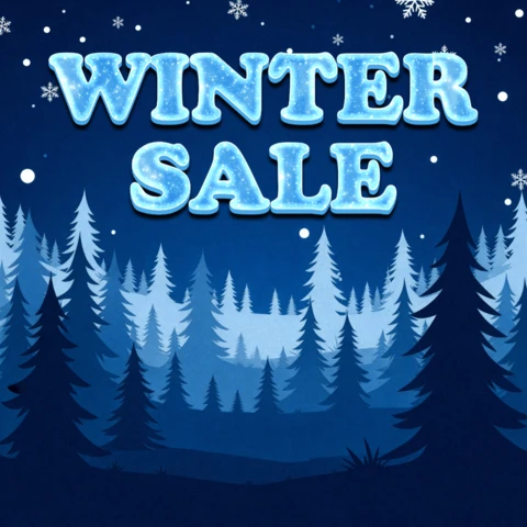 Wintersaison-Verkaufsgestaltungs-Vorlage mit beschrifteter Typografie und Hintergrund eines Kiefernwaldes für Werbeflyer
