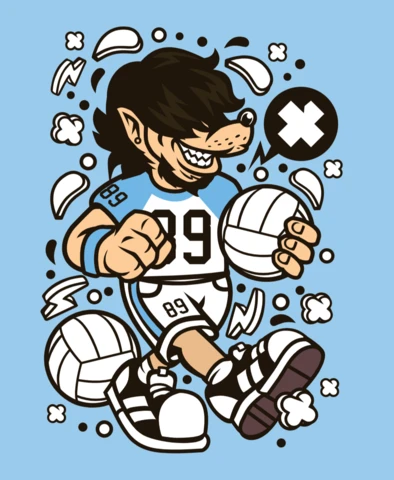 Plantilla de diseño de póster de personaje de dibujos animados de jugador de voleibol lobo
