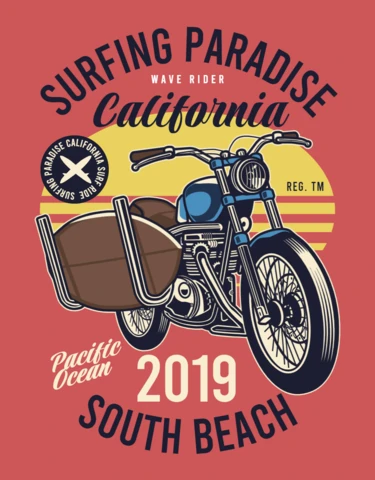 T-Shirt-Designvorlage für Surfbrettfahrt mit Motorrad
