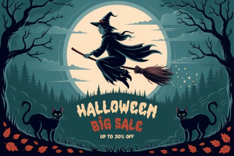 Plantilla de volante de venta de Halloween vintage con diseño de bruja y gatos.