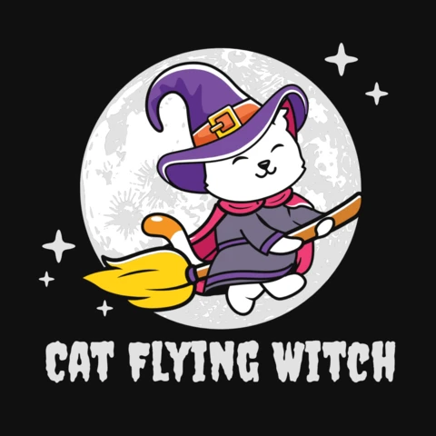 Divertido gato volando bruja plantilla de diseño de camiseta
