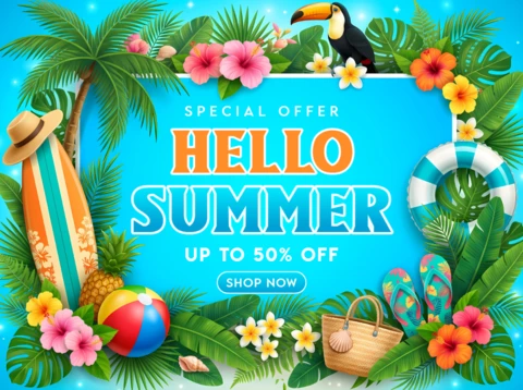 Bannière promotionnelle de soldes d'été avec des fleurs tropicales, une planche de surf et des accessoires de plage