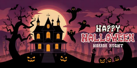 Halloween-Spukhaus leuchtende Geister, Kürbislaternen & Horrornachtszene YouTube-Cover-Design-Vorlage