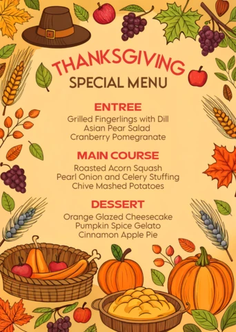 Thanksgiving Menu Design Template with Autumn Harvest Elements for Restaurant Promotion
