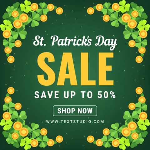 Plantilla de diseño de banner de venta festiva del Día de San Patricio con tréboles, fondo verde y mensaje promocional.