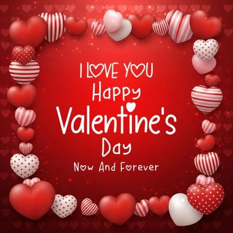 Plantilla roja de San Valentín con motivos decorativos de corazones y tipografía emocional para un saludo personalizado.