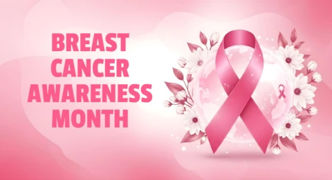 Gentle Hope Breast Cancer Awareness Ribbon with Blossoms & Leaves Banner Design Template