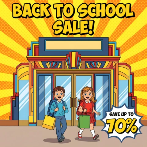 Comic Pop Art Back to School Vibrant Store Scene with Happy Students & Bold Sale Graphics Banner Design Template for Promotional Flyers