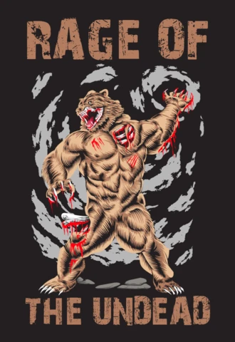 Wściekłość umarłego, muskularnego zombie niedźwiedzia ilustracja z typografią horroru do projektu koszulki z mrocznej fantazji.