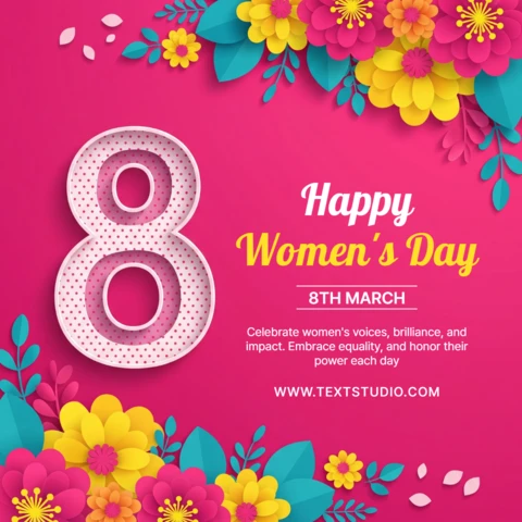 Happy International Women’s Day Poster Template with Decorative Number 8, Flowers, and Empowerment Quote