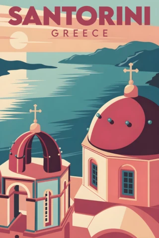 Vue du coucher de soleil sur des églises à dôme avec des croix et l'horizon côtier, modèle de design d'affiches de voyage à Santorin.