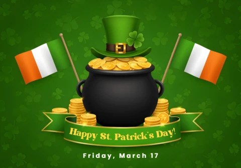 St. Patrick's Day Celebration Template Design with Pot of Gold and Irish Flags