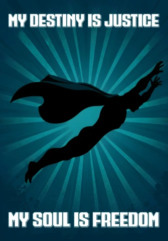 Plantilla de diseño de cartel de silueta de superhéroe volador de justicia y libertad con explosión azul.