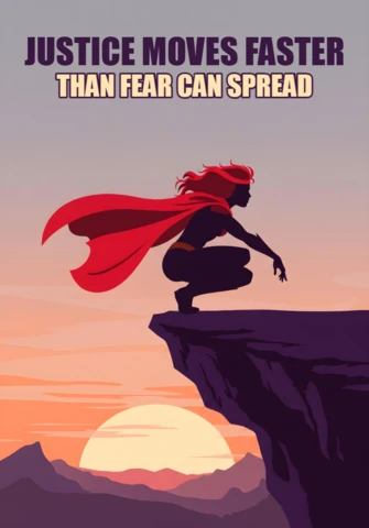 Silhouette de héros en bord de falaise avec une cape rouge au coucher de soleil avec un modèle de design d'affiche de citation sur la justice.