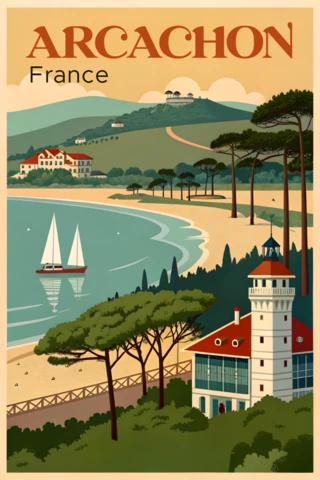 Arcachon Vintage Illustration for Retro Flat Souvenirs and Merchandising Template