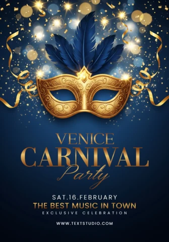 Póster de fiesta de carnaval elegante de Venecia, máscara de masquerade dorada con plumas azules y destellos sobre fondo oscuro.