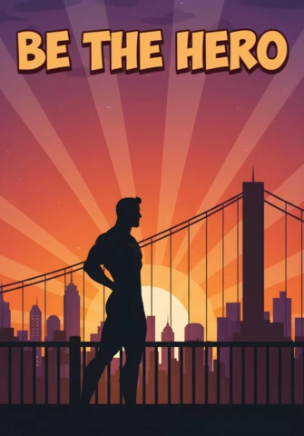 Be The Hero Silhouette On Bridge with City Sunset & Radiant Sky Poster Design Template