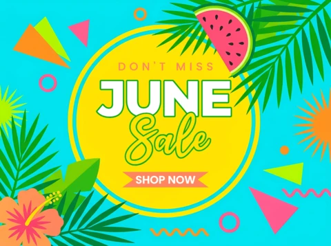 June Sale Marketing Banner with Tropical Summer Fruits and Palm Leaf Decorations