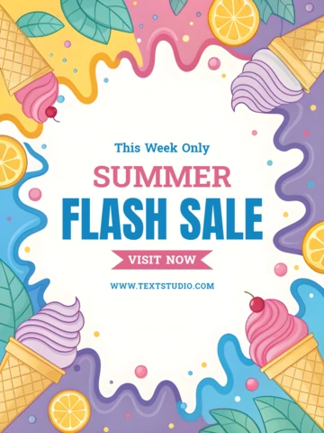 Plantilla de diseño de venta de verano colorida y juguetona con elementos de helado y cítricos.