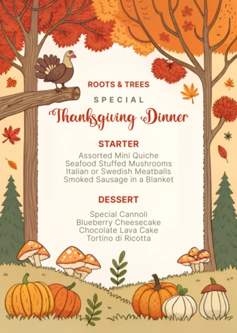 Fall-Themed Thanksgiving Dinner Menu Template with Whimsical Illustrations