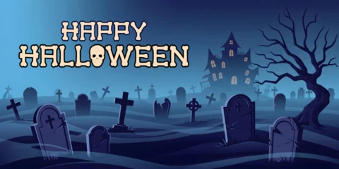 Halloween Horror Decor Graveyard, Crosses & Misty Haunted Mansion Facebook Cover Design Template